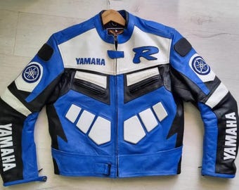 Yamaha R Blue Edge Motorcycle Leather Jacket, Racing Biker Jacket, Retro Moto Riding Gear