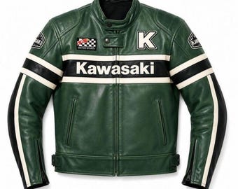 Kawasaki Grön Läderracingjacka – Retro Cafe Racer Motorcykel Bikerjacka