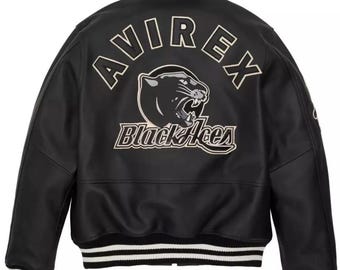 Avirex Black Aces Leather Varsity Bomber Jacket, Panther Graphic Streetwear Coat