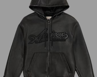 Avirex Leather Hoodie Jacket, Streetwear Zip-Up Hooded Luxury Urban Style Jacket