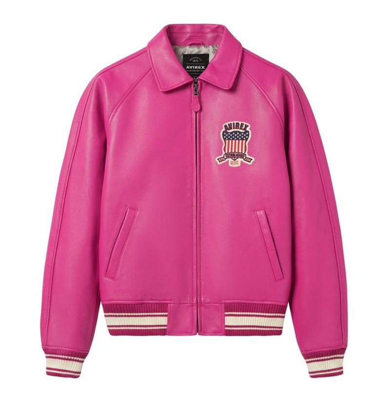 Avirex Pink Leather Bomber Jacket, Vintage Varsity Jacket Oversized Streetwear Biker, image 2