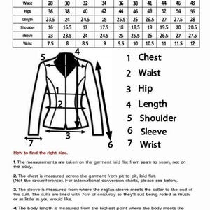May include: A ladies' size chart with measurements in inches for chest, waist, hips, length, shoulder, sleeve, and wrist. Includes a diagram of a jacket with numbered measurement points and instructions on how to measure.