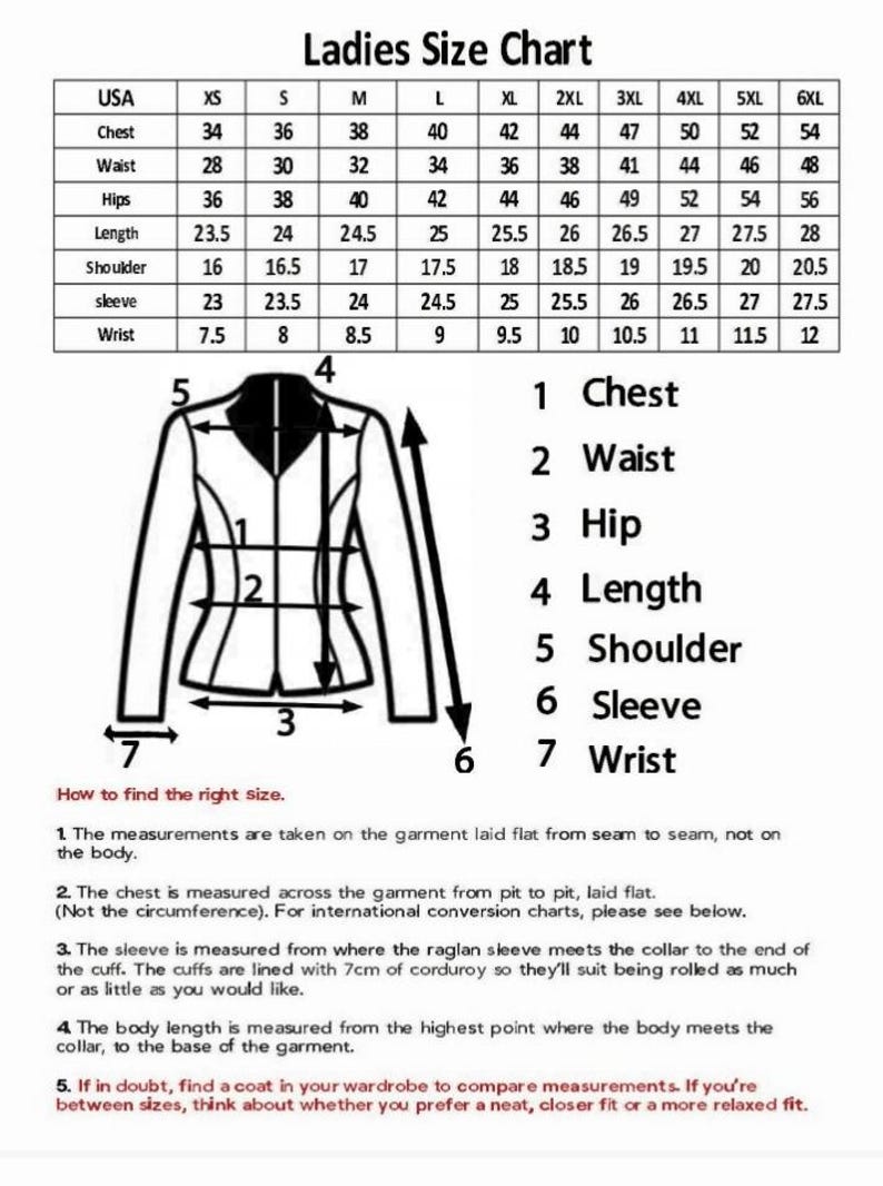 May include: A ladies' size chart with measurements in inches for chest, waist, hips, length, shoulder, sleeve, and wrist. Includes a diagram of a jacket with numbered measurement points and instructions on how to measure.