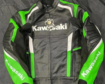 Kawasaki Ninja Motorcycle Leather Jacket, Green & Black Racing Biker Jacket, Protective Riding Gear.