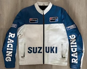 Suzuki Vintage Racing Leather Jacket, Men Blue White Biker Jacket, Motorcycle Rider Coat.