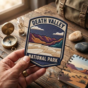 May include: A Death Valley National Park patch with a landscape design featuring mountains, a desert floor, and the text "Death Valley National Park." The patch is held in a hand, with a compass, small notebook, and other items on a wooden surface.