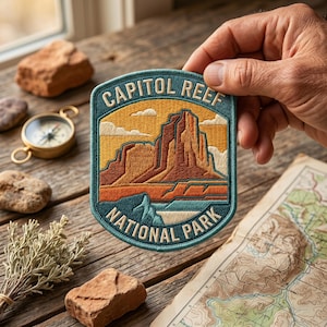 Op de afbeelding: Een Capitol Reef National Park-patch met een landschapsontwerp met bergen, een meer en de tekst "CAPITOL REEF NATIONAL PARK". De patch is blauw, oranje en bruin en wordt door een hand vastgehouden.