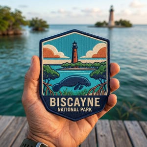 Może przedstawiać: Granatowo-pomarańczowa naszywka Biscayne National Park z manatem, latarnią morską i nazwą parku. Naszywka jest trzymana przed zbiornikiem wodnym z latarnią morską w tle.