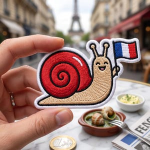 Könnte beinhalten: Gestickter Aufnäher mit einer lächelnden Cartoon-Schnecke, die eine französische Flagge hält. Die Schnecke hat ein rotes Gehäuse und einen beigefarbenen Körper, der weiß umrandet ist. Die Flagge zeigt die Farben Blau, Weiß und Rot Frankreichs. Verschwommene Pariser Straßenszene im Hintergrund.