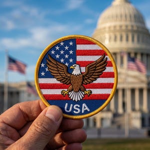 Può includere: Una toppa ricamata circolare raffigurante un'aquila calva con le ali spiegate su un disegno della bandiera americana rossa, bianca e blu. La toppa ha un bordo dorato e la scritta USA in lettere maiuscole bianche sul bordo inferiore.