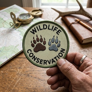 May include: A round patch with the words "WILDLIFE CONSERVATION" in a circular design. The patch features two paw prints, one brown and one blue, on a light green background. The patch is held in a hand.