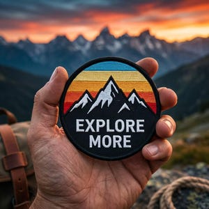 May include: A circular embroidered patch featuring a mountain range silhouette against a sunset sky of blue, yellow, orange, and red horizontal stripes. The lower portion is black with the white text EXPLORE MORE centred in bold letters.