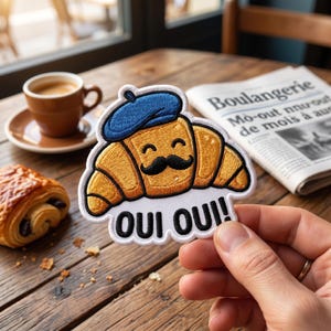 May include: Embroidered patch of a cartoon croissant wearing a blue beret and a black moustache, with the words "OUI OUI!" below. The patch is held in front of a wooden table with a cup of coffee, a pastry, and a newspaper.