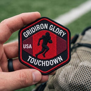 Op de afbeelding: Een zeshoekige geborduurde patch met een zwarte rand en een rood midden. De patch toont een zwart silhouet van een footballspeler die met een bal rent, de tekst "GRIDIRON GLORY" en "TOUCHDOWN" in het wit, en "USA" in witte letters.