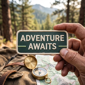 Może przedstawiać: Zielona prostokątna naszywka z napisem "ADVENTURE AWAITS" w białych literach. Naszywka jest trzymana przed mapą i kompasem. Tło przedstawia las i góry, sugerując eksplorację na świeżym powietrzu i podróże.