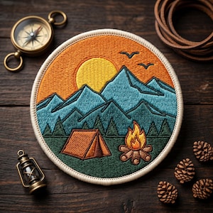 Pode incluir: Remendo bordado redondo com uma cena de acampamento com uma tenda, fogueira, montanhas e um sol poente. O remendo tem uma borda creme. Uma bússola, lanterna, pinhas e um cordão de couro também são visíveis.