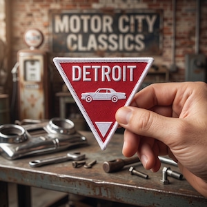 Detroit Embroidered Patch Muscle Car Retro Triangle Red Iron On Mechanics Jacket Badge
