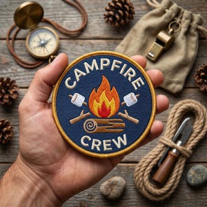 May include: A circular navy blue patch featuring the words "Campfire Crew" around a campfire graphic with marshmallows. The patch is held in a hand, with camping equipment like a compass, rope, and whistle in the background.