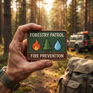 Op de afbeelding: Een rechthoekige patch met de woorden "FORESTRY PATROL" en "FIRE PREVENTION" in witte tekst. De patch toont een vlam, een boom en een waterdruppel. De patch wordt in een hand gehouden, met een bos en een voertuig op de achtergrond.