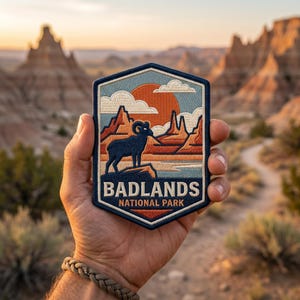 May include: A Badlands National Park patch featuring a ram silhouette, mountains, and a setting sun. The patch is navy blue, orange, and light blue. The text "BADLANDS NATIONAL PARK" is displayed at the bottom of the patch.