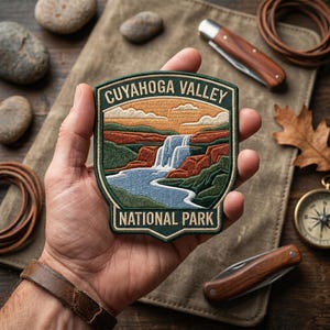 May include: A patch depicting a landscape scene of Cuyahoga Valley National Park, including a waterfall and river. The patch is in shades of green, blue, orange, and brown, with the text "CUYAHOGA VALLEY NATIONAL PARK".