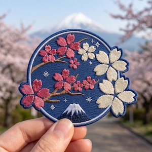 May include: Embroidered patch with a blue circular design of cherry blossoms and Mount Fuji. The patch features pink and cream-coloured flowers, brown branches, and white stars. The mountain is depicted in white and grey.