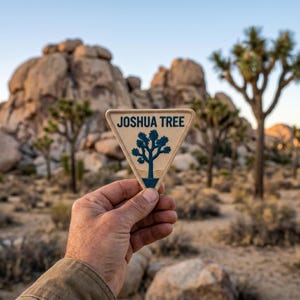May include: A triangular embroidered patch with a tan background and a dark blue border. The patch features the text JOSHUA TREE in dark blue capital letters above a dark blue silhouette of a Joshua tree set against a tan landscape design.