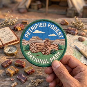 May include: A round embroidered patch with the text "Petrified Forest National Park" in white on a blue and green background. The patch features an illustration of logs and a landscape. The patch is surrounded by small rocks and a compass.