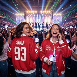 Pode incluir: Duas pessoas usando jaquetas vermelhas com detalhes brancos, uma com "SUGA 93" e a outra com "BTS" estampados, segurando varinhas luminosas em um show. O palco e a multidão são visíveis ao fundo.