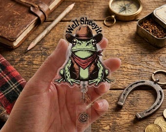 Porta-crachá retrátil com sapo cowboy "Well Sheeyit", divertido e com estilo faroeste, clipe retrô para crachá de enfermeira, presente engraçado para profissional da saúde e caubói.