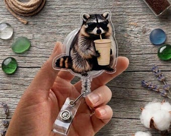 Funny Raccoon Badge Reel, Meme Trash Panda Drinking ID Holder, Cute Animal Retractable Badge Reel, Nurse Coworker Gift