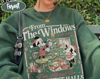 Sudadera Comfort Colors From The Windows To The Walls, camiseta navideña de Mickey y Minnie, camiseta para fiestas navideñas, camiseta navideña a juego para toda la familia.