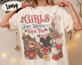 Camiseta navideña vintage Comfort Colors® para niñas con el mensaje "Solo quiero divertirme", camiseta navideña de Minnie y Daisy, sudadera del castillo de Disney, camisetas para viajes familiares.