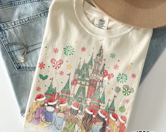 Comfort Colors® Retro Watercolor Disney Princess Christmas Shirt, Magic Castle Xmas Tee, Magic Kingdom Disneyworld Family Girls Trip 2026