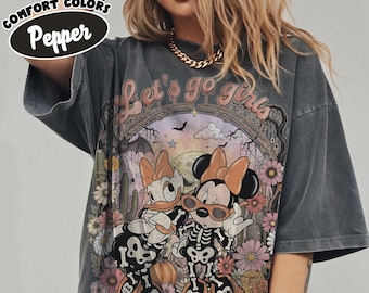 Comfort Colors Retro Let's Go Girls Minnie Daisy Skeleton Shirt, Coquette Floral Halloween Spooky Tee, Disneyland Girls Trip Outfit 2026