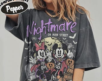 Camiseta vintage de Mickey y Minnie esqueleto Comfort Colors, camiseta de Pesadilla en Main Street, camiseta de Halloween de Disney, temporada espeluznante de Disney World