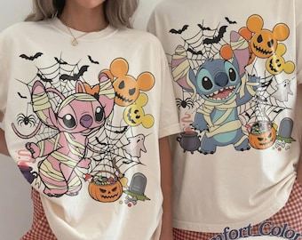 Comfort Colors® Disney Stitch Angel Mummy Halloween Shirt, Couple Matching Spooky Lilo Stitch Tee, Disneyland Halloween Family Trip Shirts