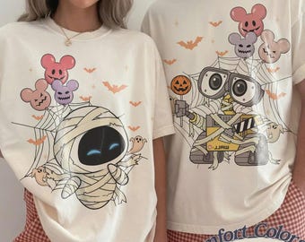 Comfort Colors Wall-E And Eve Mummy Halloween Couple Shirt, Disney Pixar Spooky Season Tee, Mickey's Not So Scary Party Family Vacation Tee