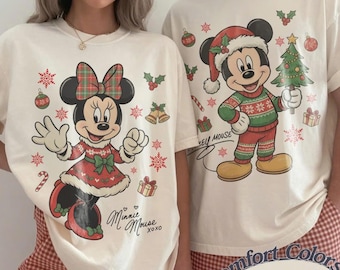 Sudadera navideña Comfort Colors® con la firma de Mickey y Minnie, camiseta para fiestas navideñas de parejas de Disney, camisetas navideñas a juego de Mickey de Disneyland