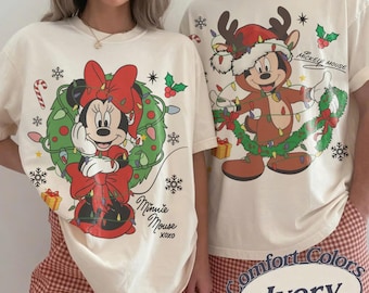 Comfort Colors® Disney Characters Christmas Lights Sweatshirt, Mickey Minnie Holiday Shirt, Disney Family Matching Christmas Vacation Tees