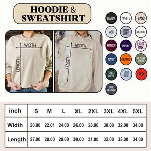 May include: A size chart for a hoodie and sweatshirt featuring two beige garments with width and length measurement lines. A color palette displays fifteen circular swatches labeled with names like black, white, sand, and red. A table lists sizes S to 5XL.