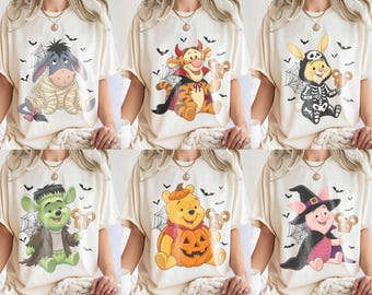 Camiseta retro de Winnie the Pooh para Halloween, camiseta Comfort Colors Disney Spooky Season, camiseta de disfraz de Pooh, Piglet, Tigger y Eeyore, conjunto para viaje familiar.