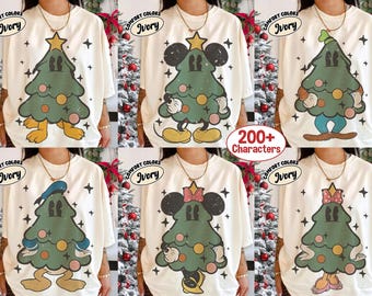 Camiseta retro de árbol de Navidad de Comfort Colors® con Mickey y sus amigos, camiseta de árbol de Navidad de Disney, camisetas a juego para la familia Disney "Muy Feliz Navidad"