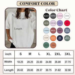 May include: A white short-sleeved t-shirt with a width and length measurement diagram. A color chart displays circles labeled black, pepper, blossom, white, moss, orchid, violet, red, chambray, brick, berry, blue jeans, ivory, burnt orange, navy, blue spruce, light green, and yam. A size chart lists widths from 18.25 to 27.75 inches and lengths from 26.62 to 32.50 inches.