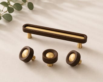 Mid Century Modern Walnut Wood and Solid Brass Drawer Pulls, Minimalist Cabinet Handles for Furniture