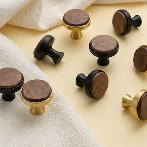 Tirador de armario de latón dorado, aleación de zinc y madera, tirador redondo para cajón, herrajes modernos de mediados de siglo para armarios.