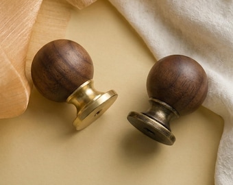Walnut and Brass Cabinet Knob, Round Wooden Drawer Pull, Modern Mid Century Wardrobe Hardware
