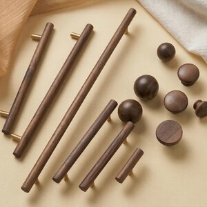 Minimalist Walnut and Brass Drawer Pulls | Modern Solid Wood Cabinet Handles | Sleek Kitchen Hardware | Linear Wood Pulls for Cabinets