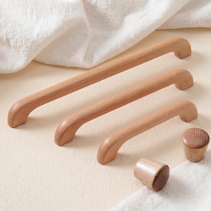 Beechwood Cabinet Knobs Minimalist Wood Drawer Pulls Scandi Furniture Handles Natural Wood Hardware