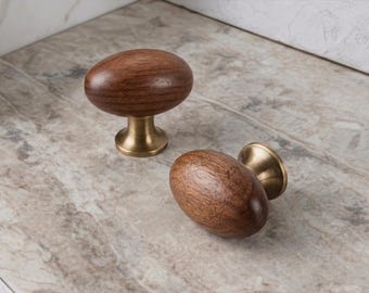 Solid Walnut Wood Cabinet Knobs with Brass Base – Modern Rustic Drawer Pulls